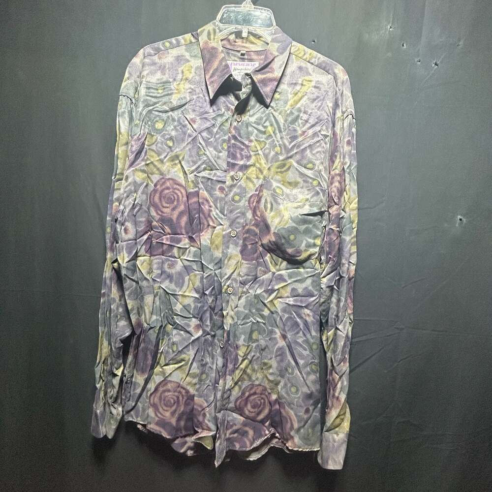 Vtg Hampshire Purple Floral Abstract Watercolor Silk Button Down Shirt